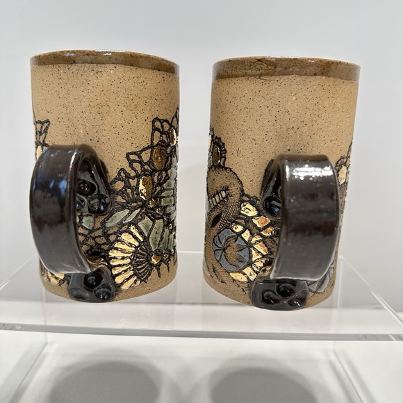 Set Of Two Hand Crafted Ceramic Mugs 12oz Gold Brown Blue Aqua Ocean‎ Design - Picture 6 of 11